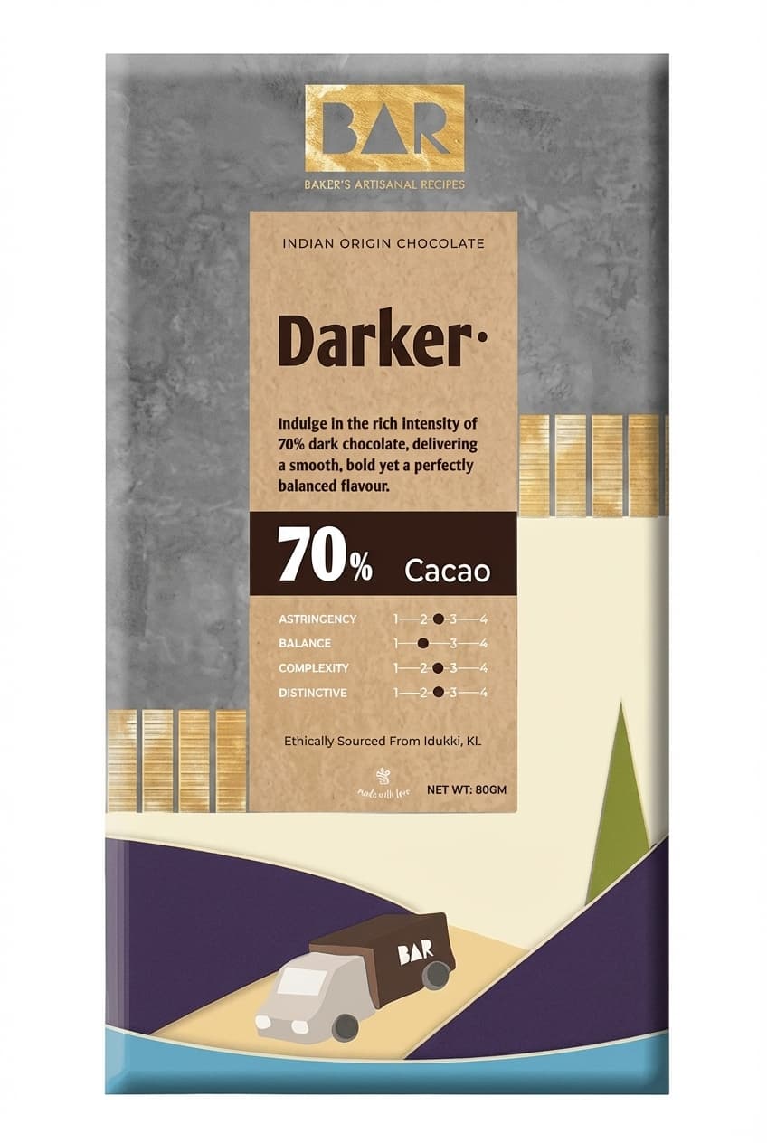 Darker 70% dark bar packaging by BAR Baker's Artisanal Recipes