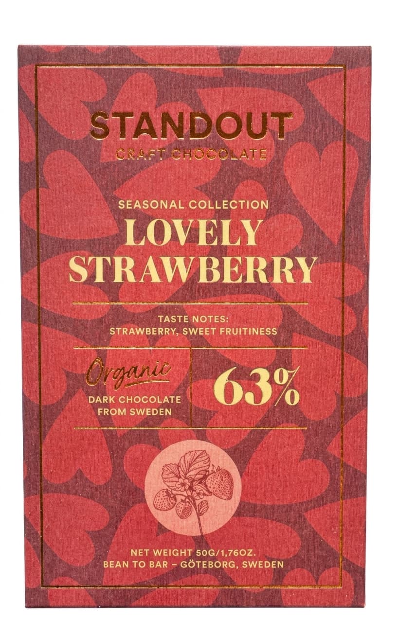 Lovely Strawberry 63% dark bar packaging by Standout Chocolate