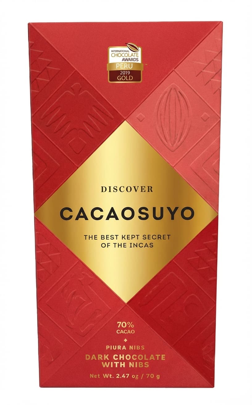 Piura Nibs 70% dark bar packaging by Cacaosuyo