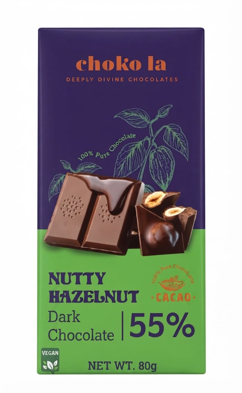 Nutty Hazelnut 55% 55% dark bar packaging by choko la
