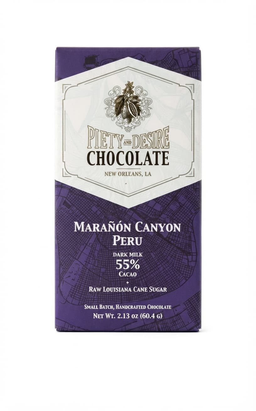 Marañón Canyon 55% 55% milk bar packaging by Piety and Desire Chocolate