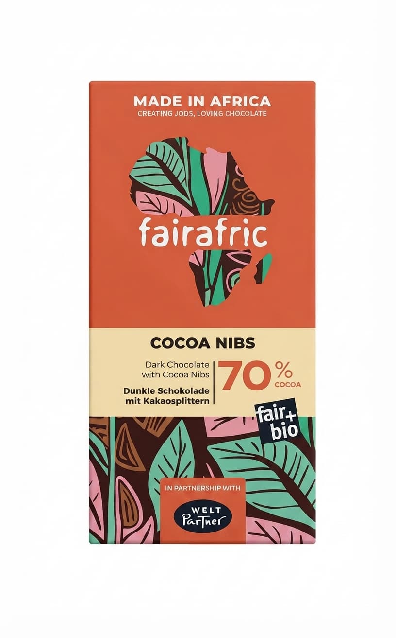 70% Dark Chocolate & Nibs 70% dark bar packaging by fairafric