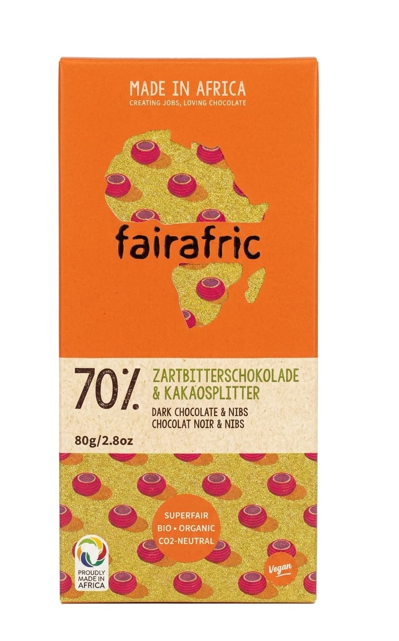 70% Dark Chocolate & Nibs 70% dark bar packaging by fairafric