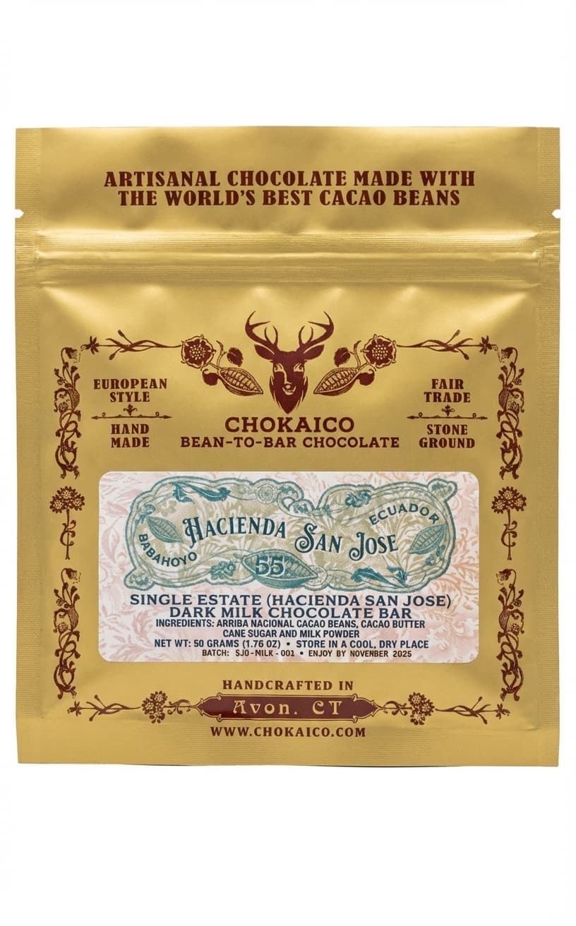 Hacienda San Jose 55% 55% milk bar packaging by Chokaico