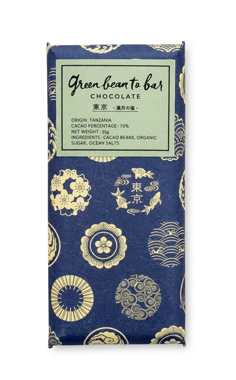 Tokyo - Mangetsu no Shio null% dark bar packaging by Green Bean to Bar Chocolate