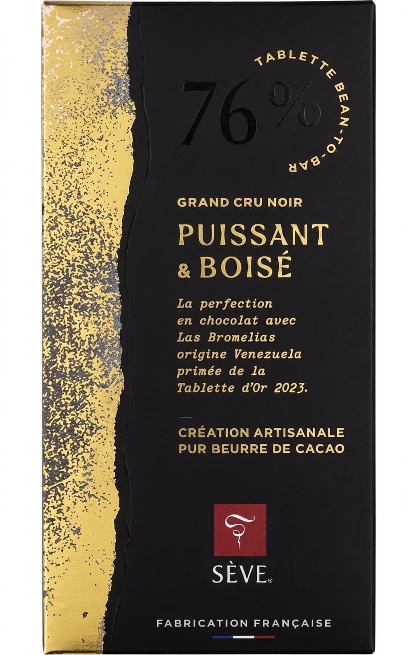 Las Bromelias 76% dark bar packaging by Sève