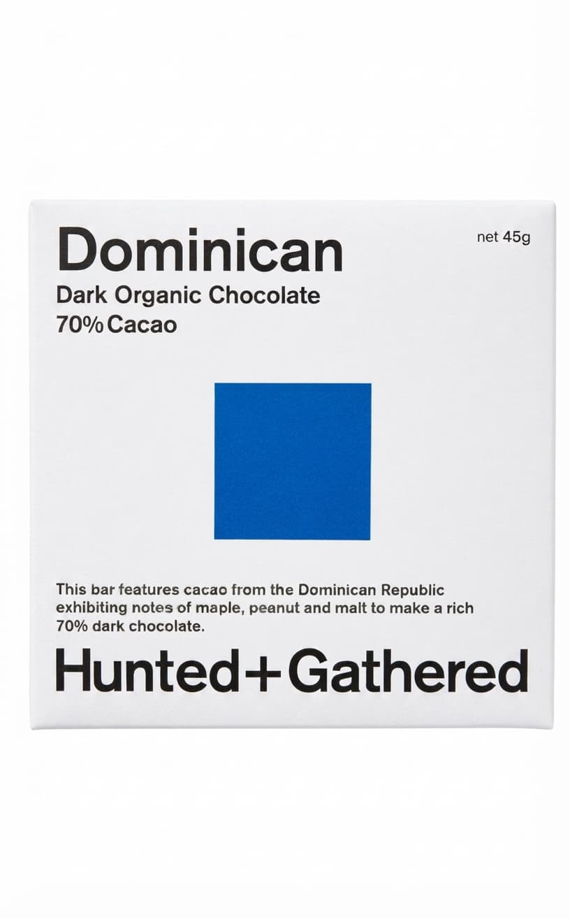 Dominican 70% 70% dark bar packaging by Hunted + Gathered