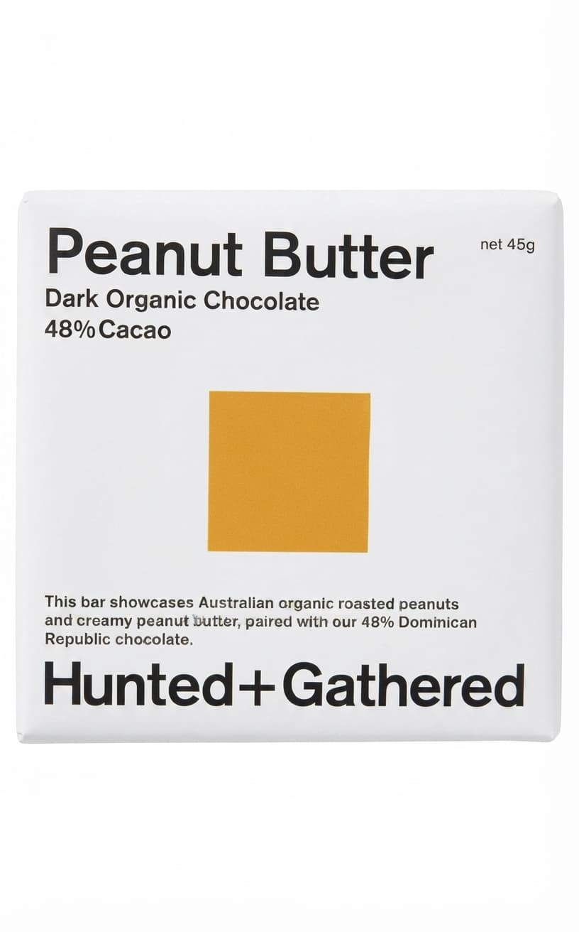 Peanut Butter 48% 48% dark bar packaging by Hunted + Gathered