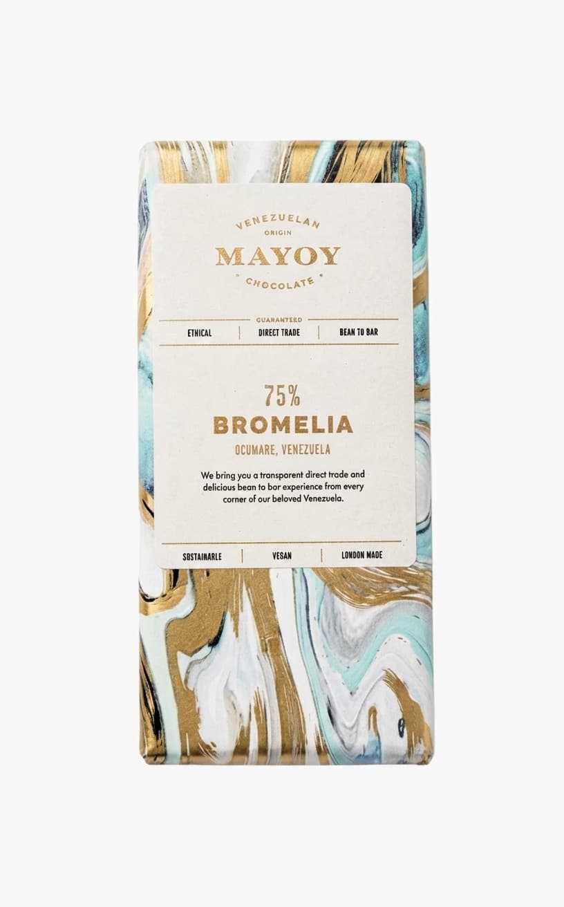Bromelia Ocumare 75% 75% dark bar packaging by Mayoy Cacao
