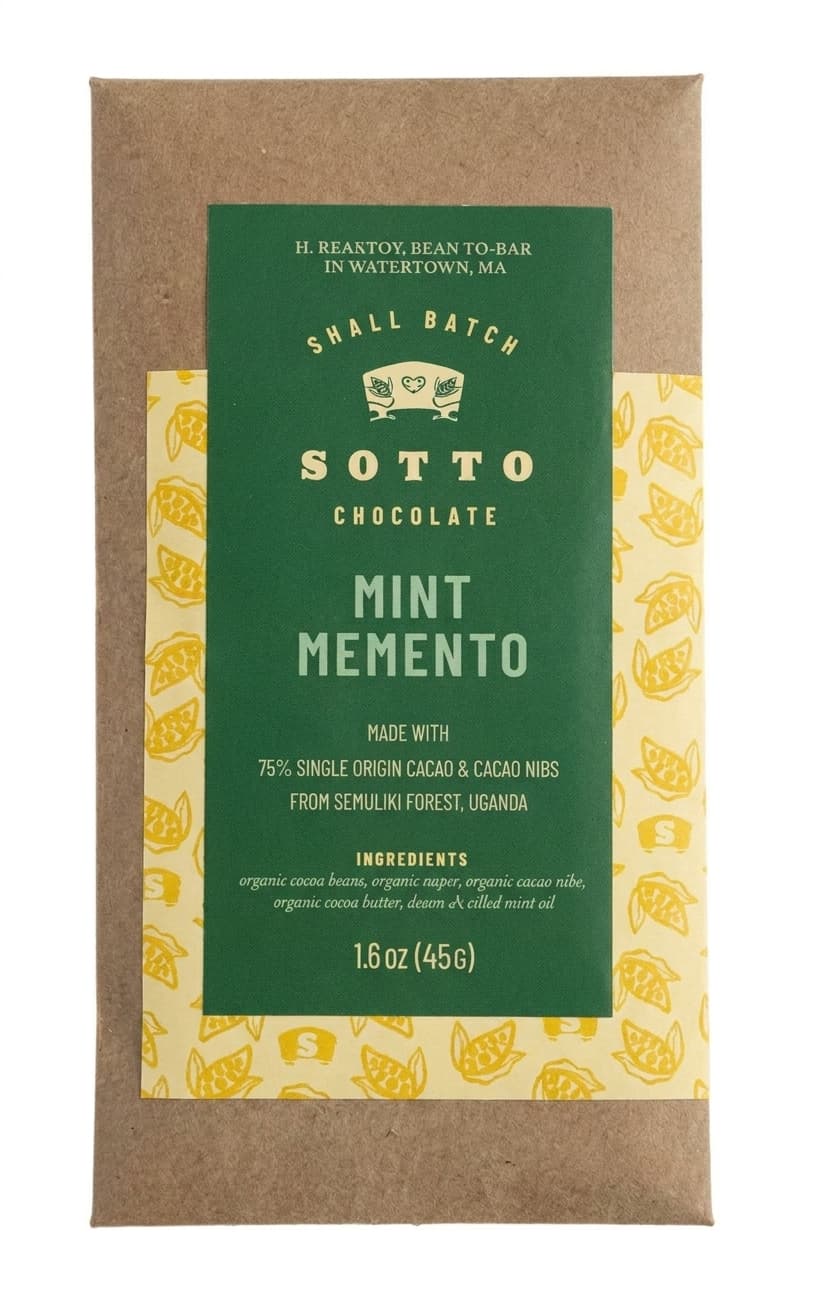 Mint Memento 75% 75% dark bar packaging by Sotto Chocolate