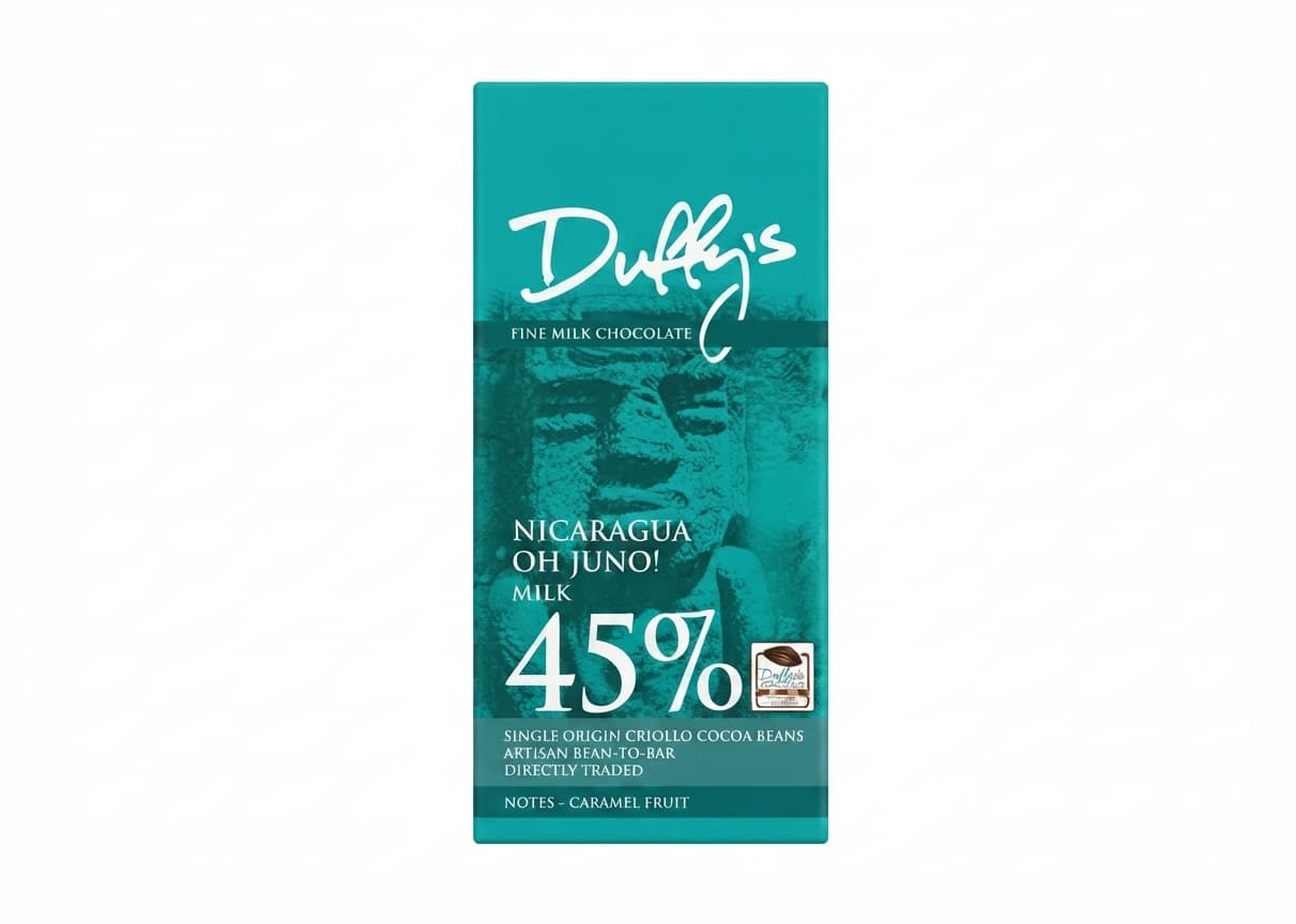 Nicaragua Oh Juno! Milk 45% 45% milk bar packaging by Duffy's