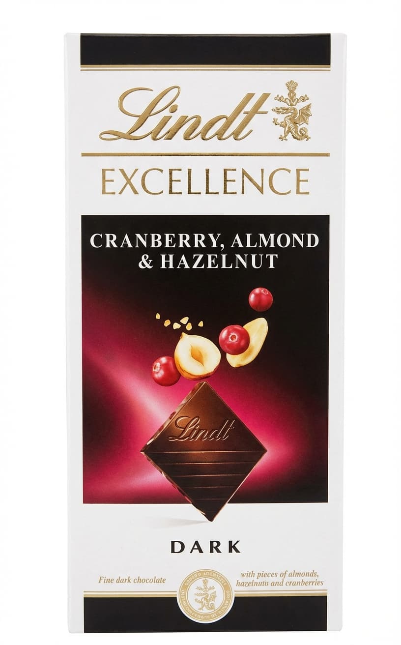 Excellence Cranberry, Almond & Hazelnut 48% dark bar packaging by Lindt