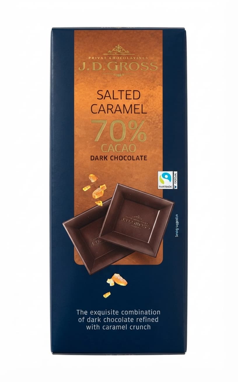 Salted Caramel 70% 70% dark bar packaging by J.D. Gross