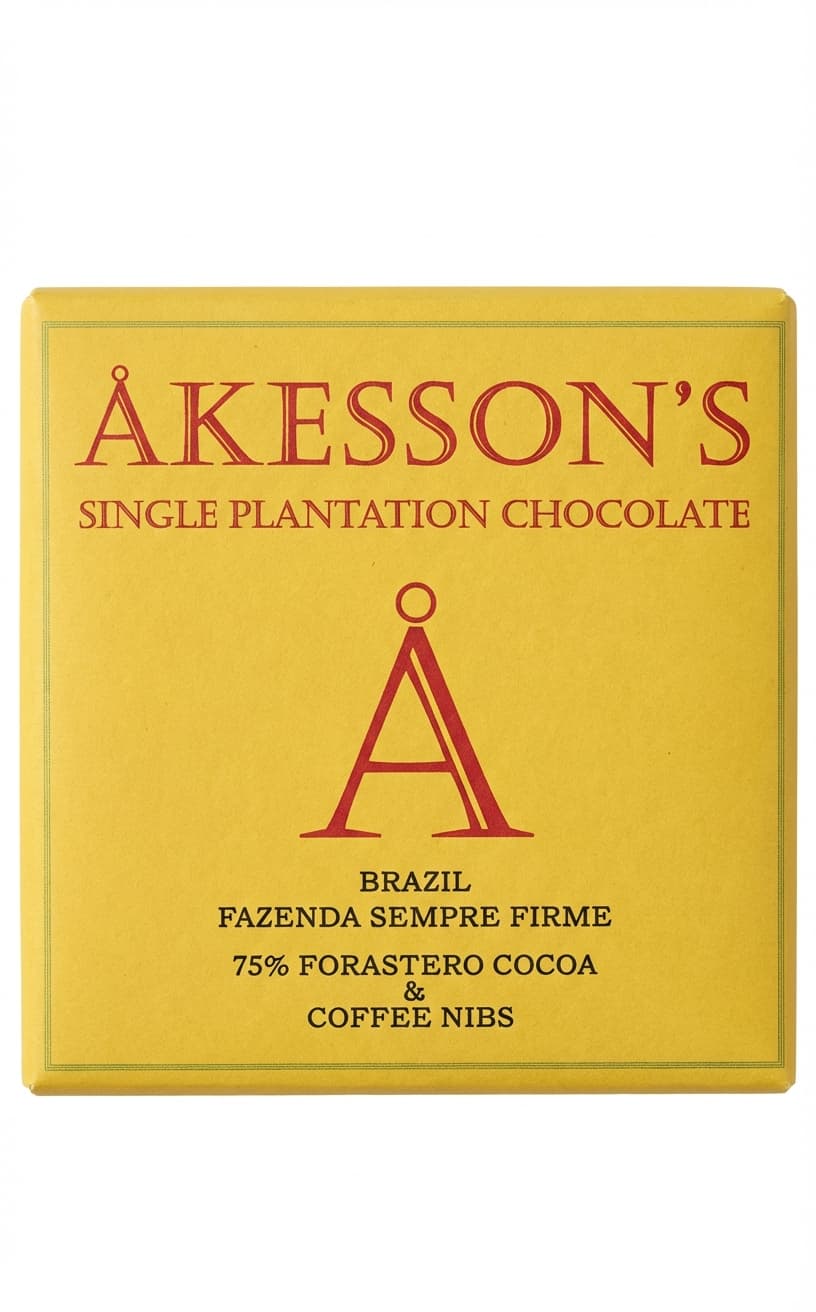 Fazenda Sempre Firme 75% Forastero Cocoa & Coffee Nibs 75% dark bar packaging by Åkesson's