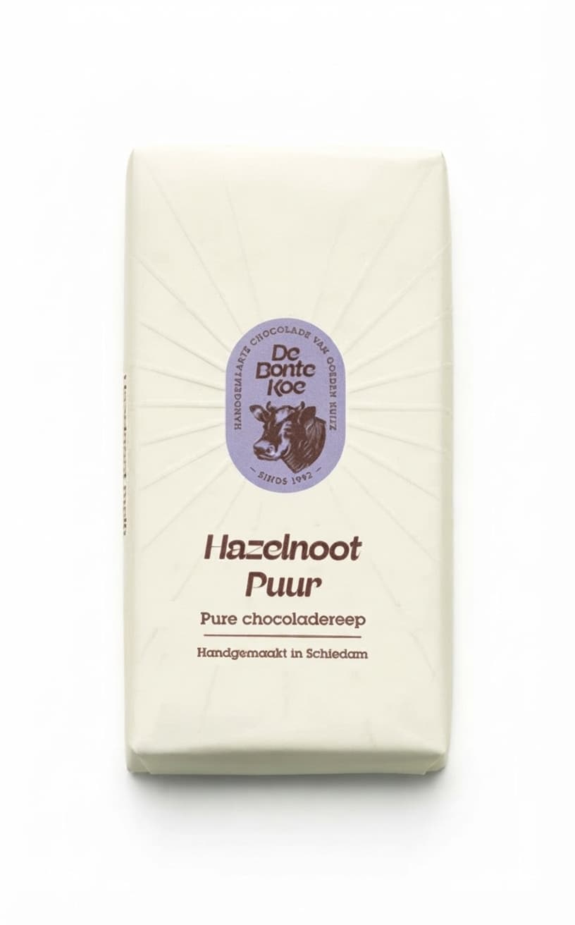 Hazelnoot Puur 55% dark bar packaging by De Bonte Koe