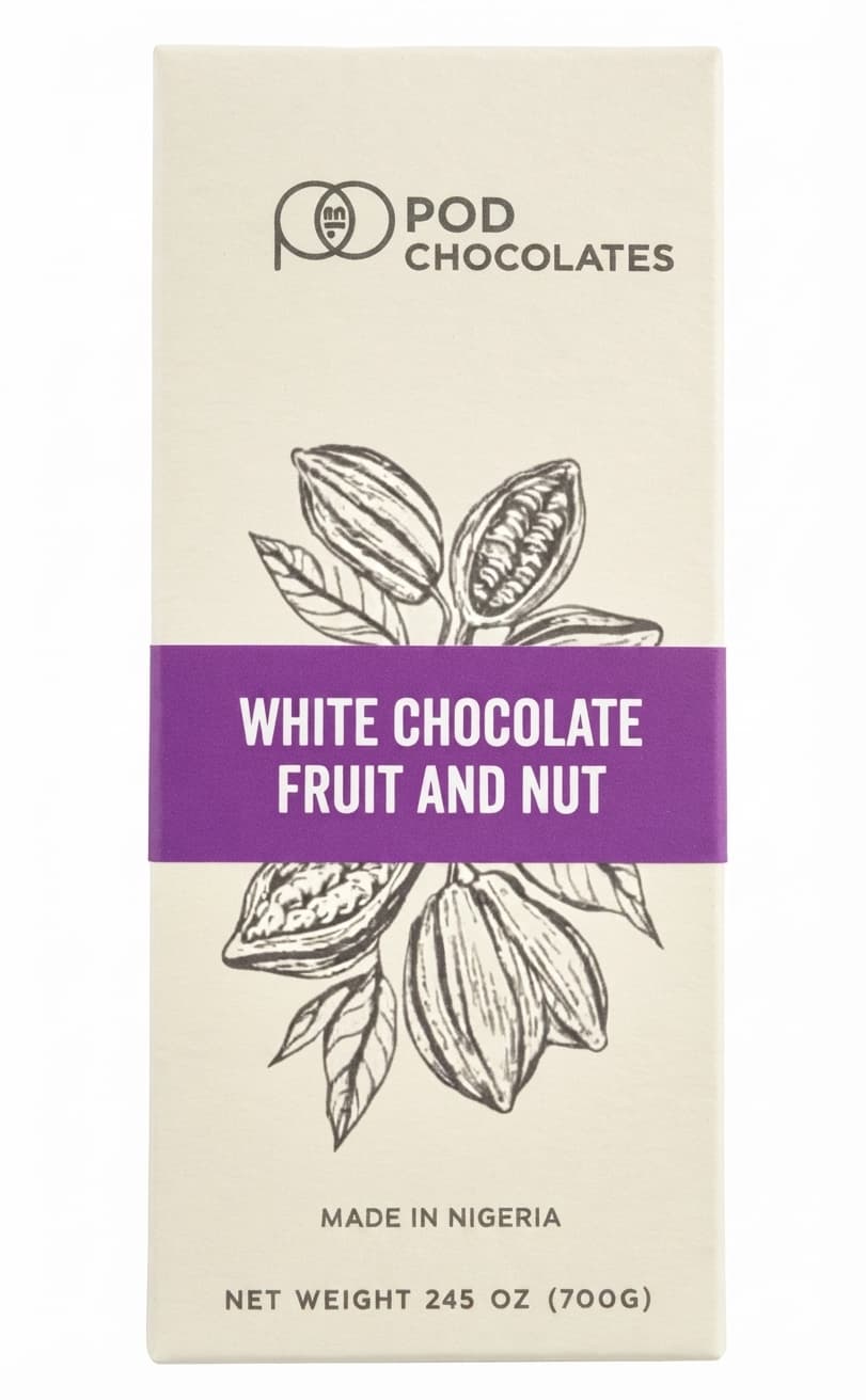 Fruit and Nut white bar packaging by Pod Chocolates
