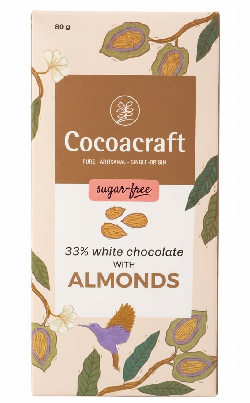 White with Almonds, Sugar Free 33% white bar packaging by Cocoacraft