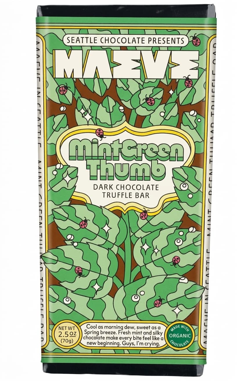 Mint Green Thumb null% dark bar packaging by Maeve Chocolate
