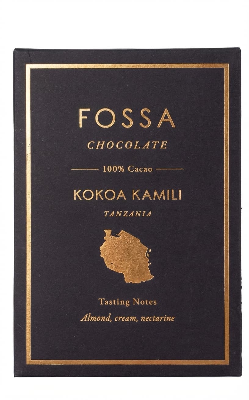 Kokoa Kamili 100% dark bar packaging by Fossa