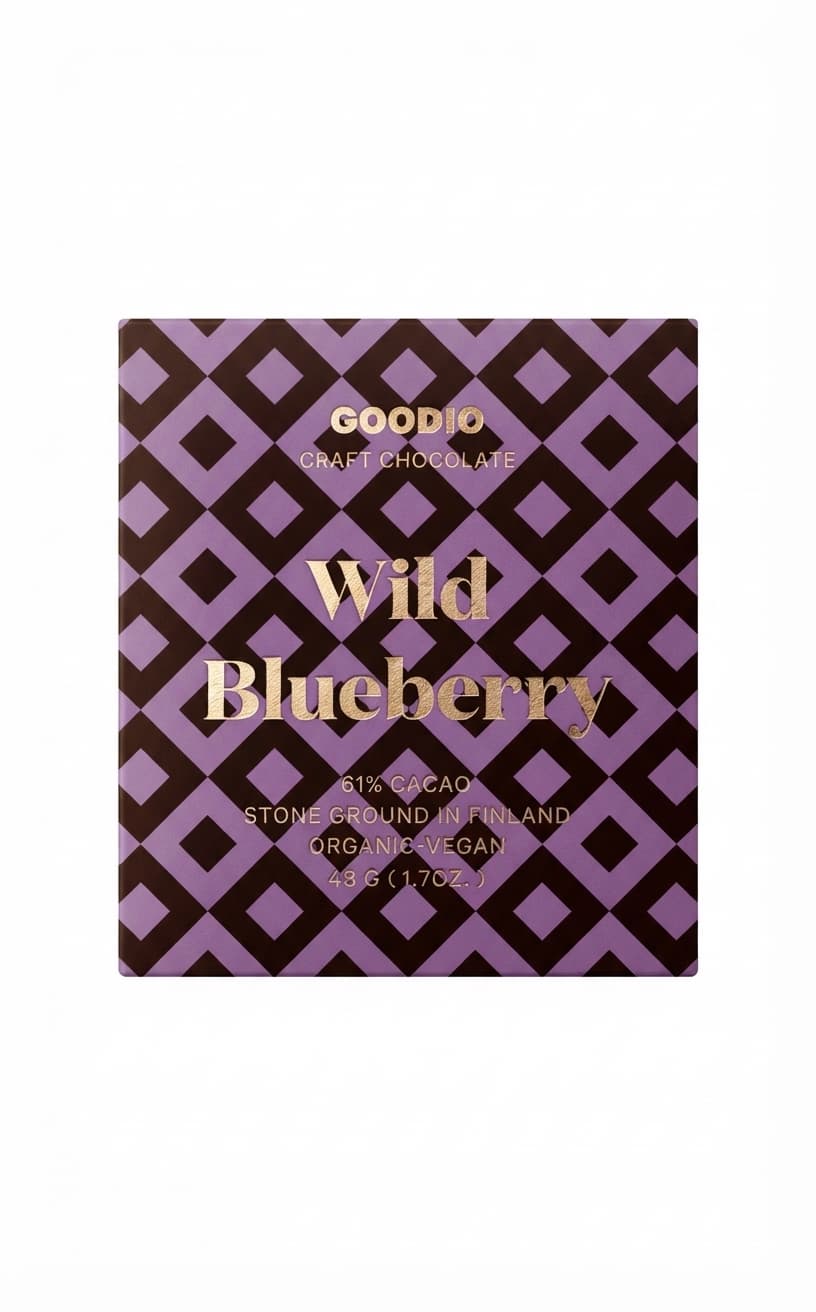 Wild Blueberry 61% 61% dark bar packaging by Goodio