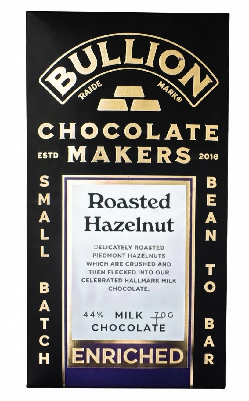 Roasted Hazelnut chocolate bar packaging by Bullion