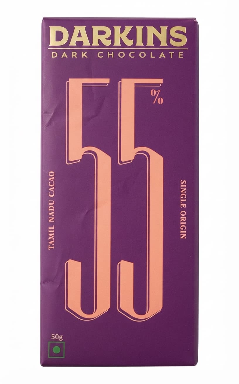 55% Single Origin Tamil Nadu 55% dark bar packaging by Darkins