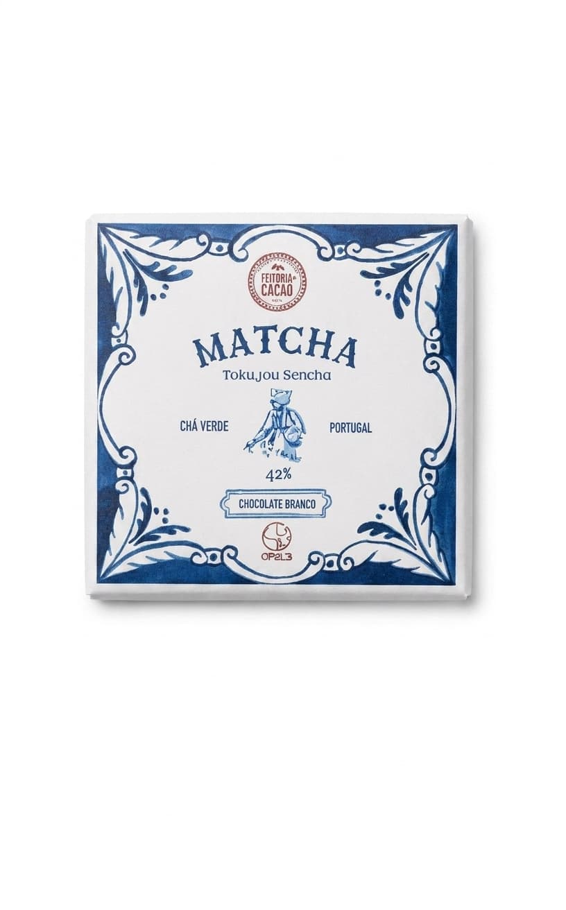 Matcha Tokujou Sencha 42% white bar packaging by Feitoria do Cacao