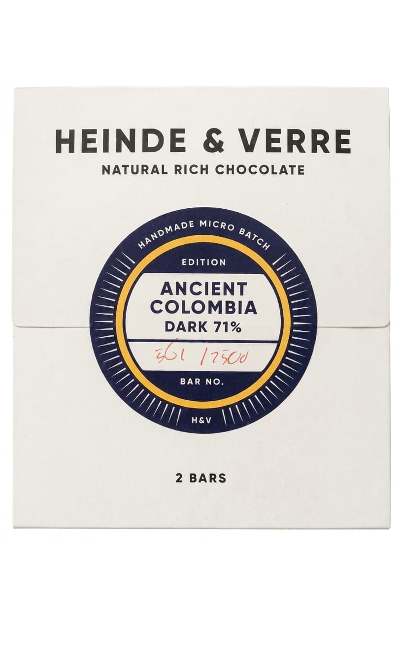 Ancient Colombia Dark 71% 71% dark bar packaging by Heinde & Verre