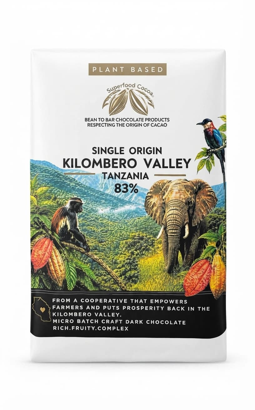 Kilombero Valley 83% 83% dark bar packaging by Superfood Cocoa
