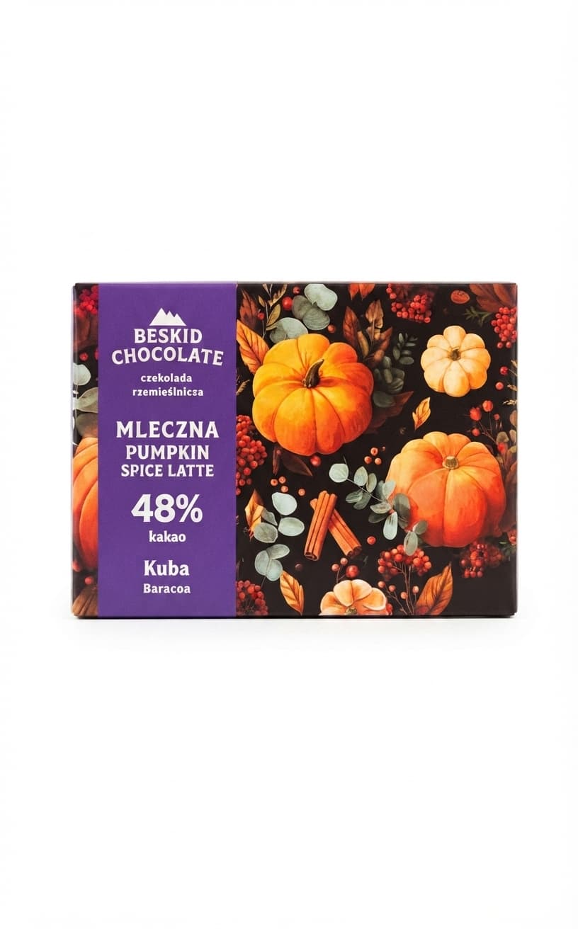 Pumpkin Spice Latte 48% 48% milk bar packaging by Beskid Chocolate