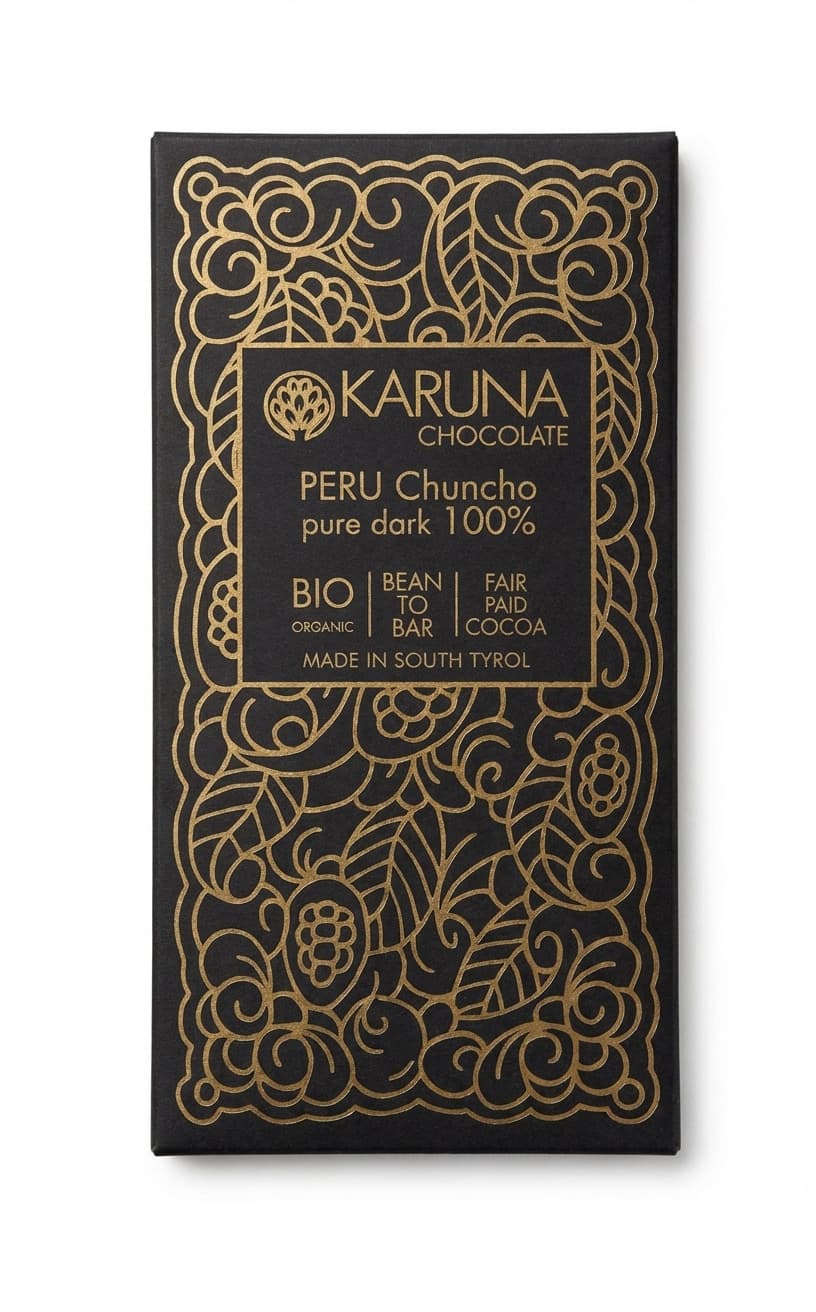 Chuncho 100% 100% dark bar packaging by Karuna