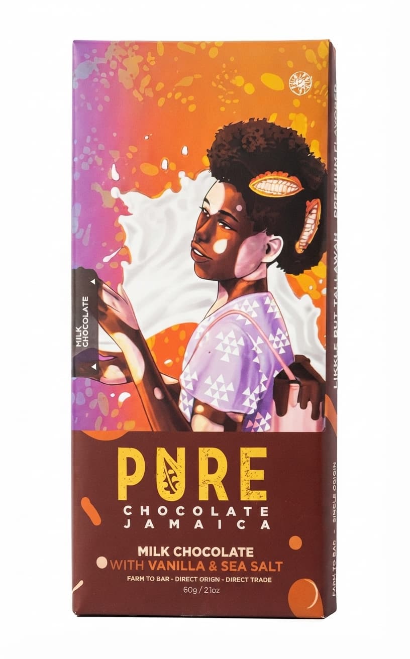 Vanilla & Sea Salt 45% milk bar packaging by Pure Chocolate Jamaica