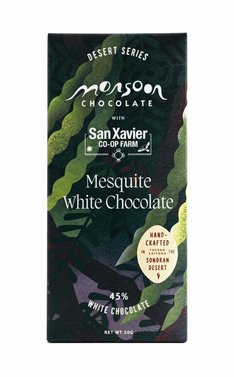 Mesquite White 45% white bar packaging by Monsoon Chocolate