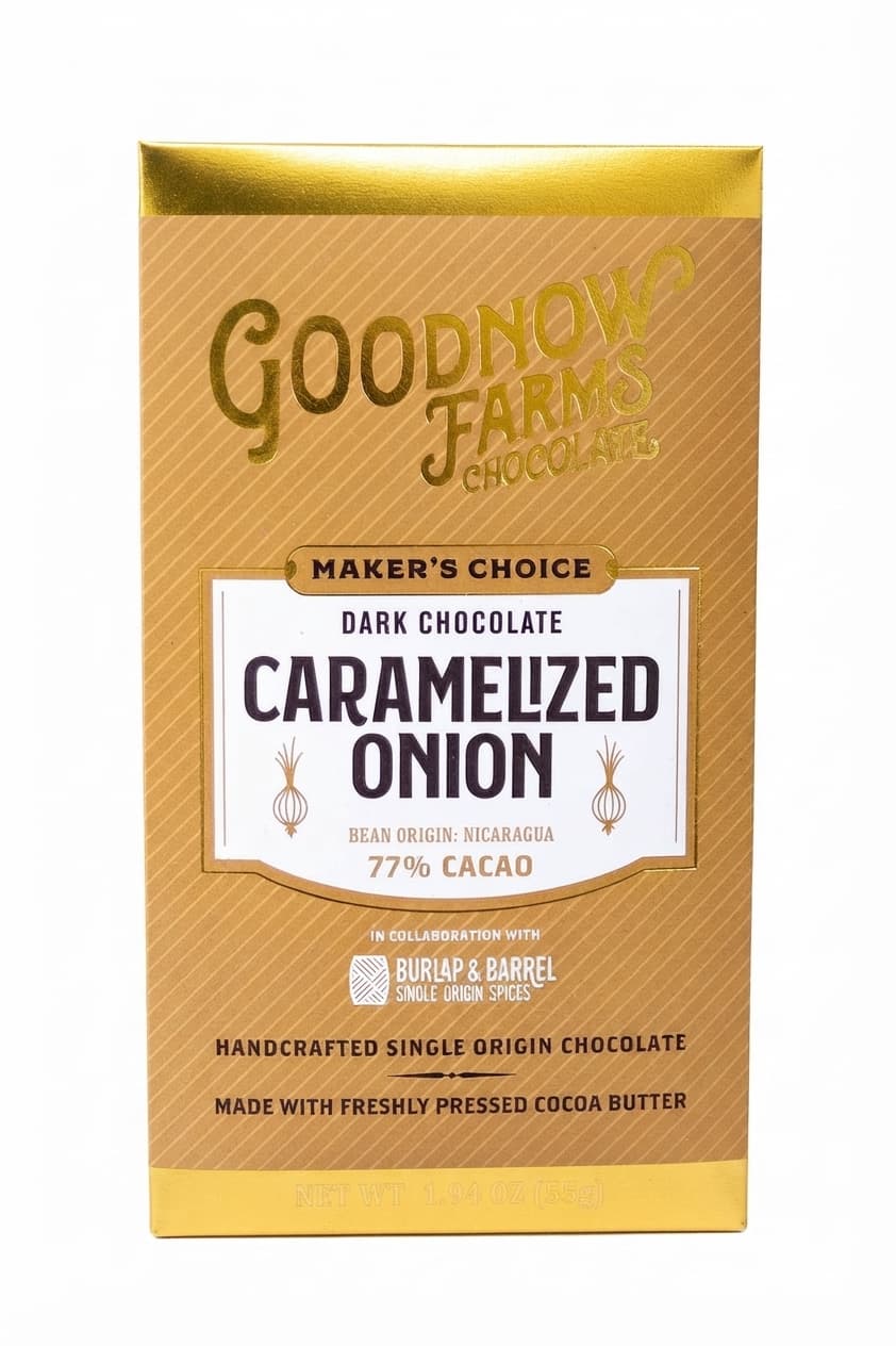 Caramelized Onion 77% dark bar packaging by Goodnow Farms