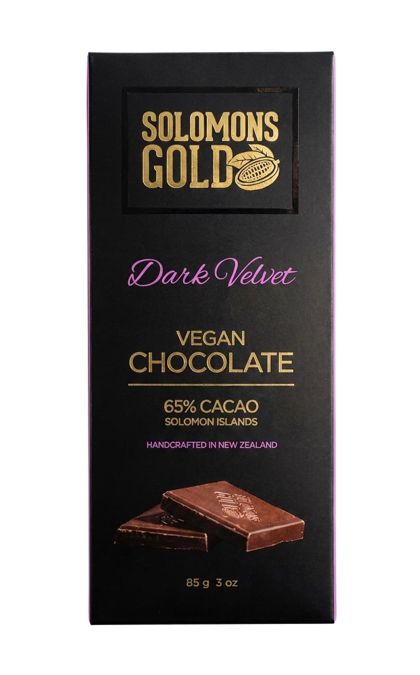 Dark Velvet 65% 65% dark bar packaging by Solomons Gold