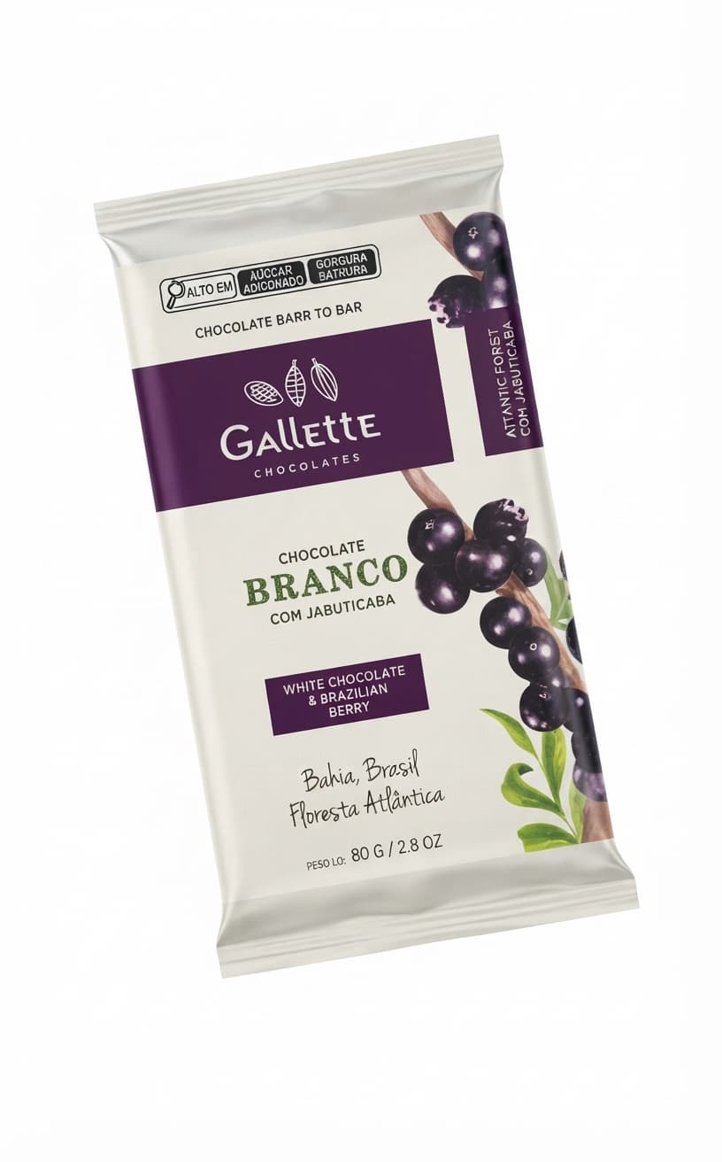 White Chocolate & Jabuticaba null% white bar packaging by Gallette Chocolates