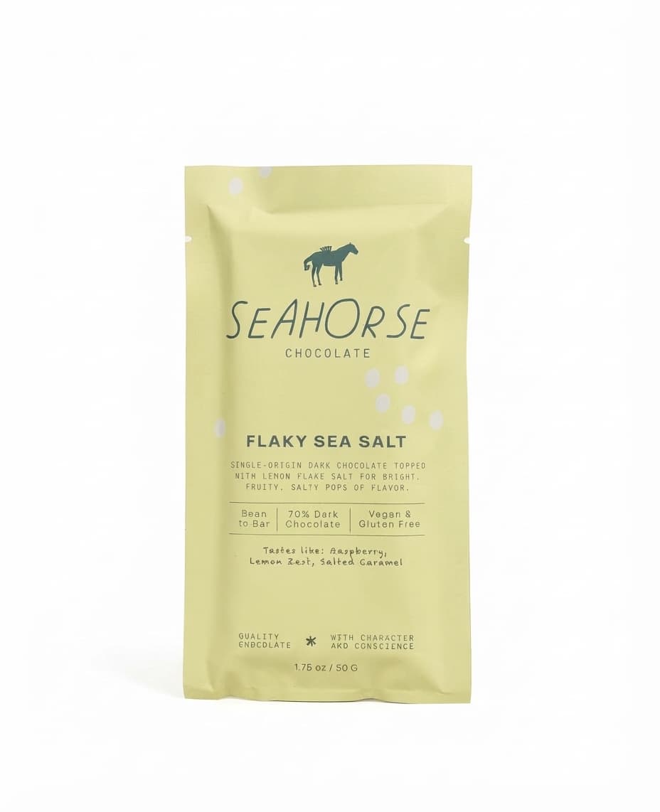 Flaky Sea Salt 70% 70% dark bar packaging by Seahorse Chocolate