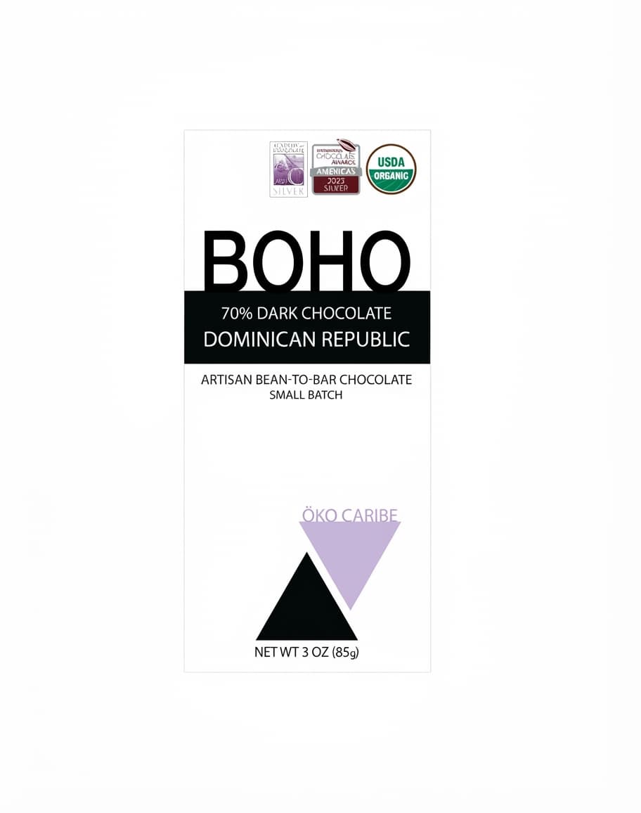 Öko Caribe Dominican Republic 70% 70% dark bar packaging by BOHO Chocolate