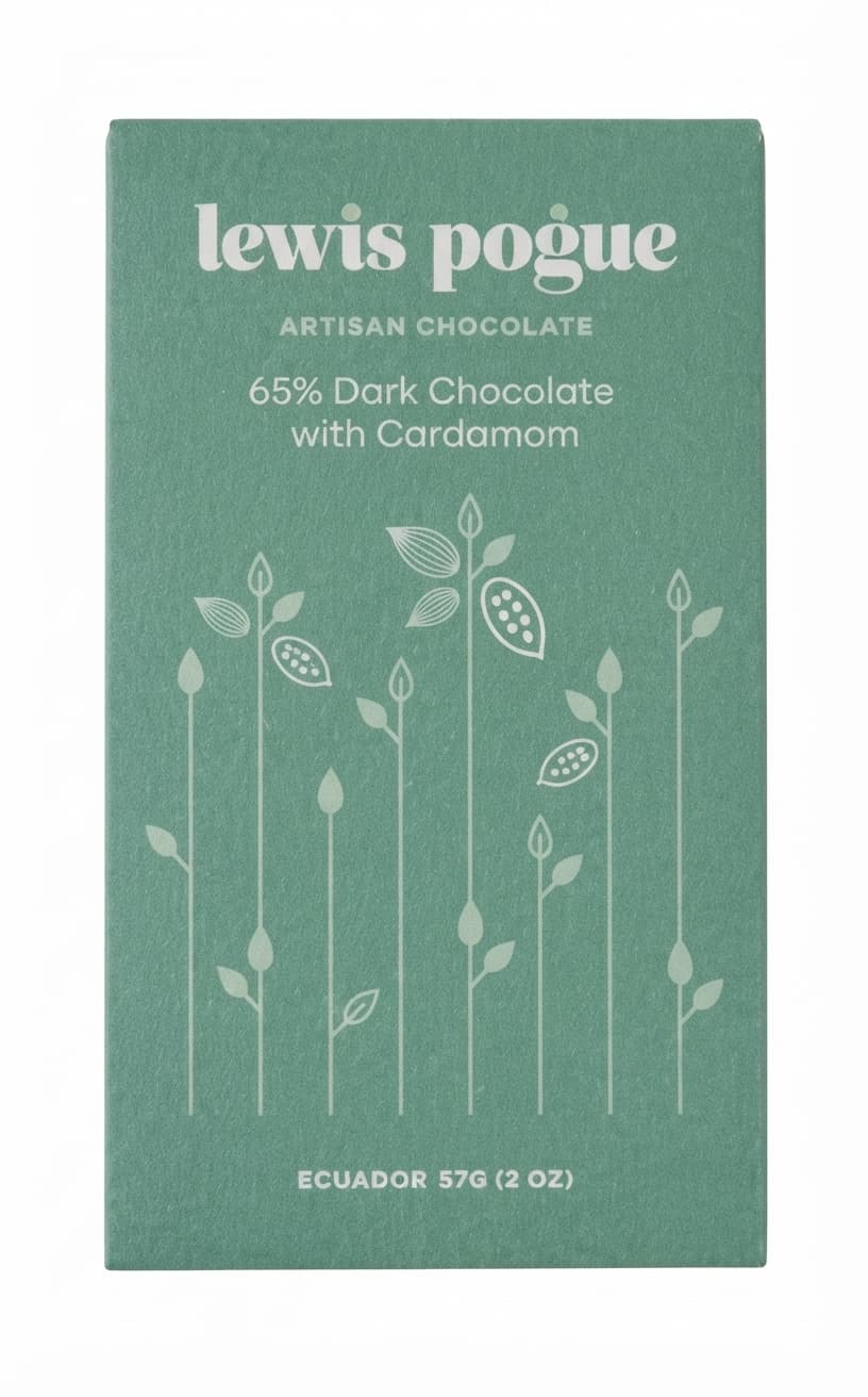 Cardamom 65% 65% dark bar packaging by Lewis Pogue Artisan Chocolate