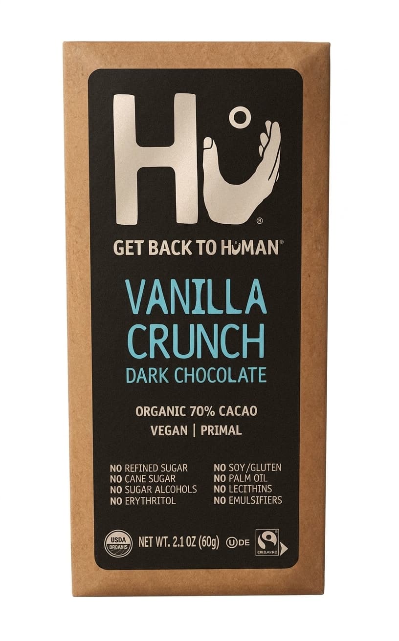 Vanilla Crunch 70% dark bar packaging by Hu