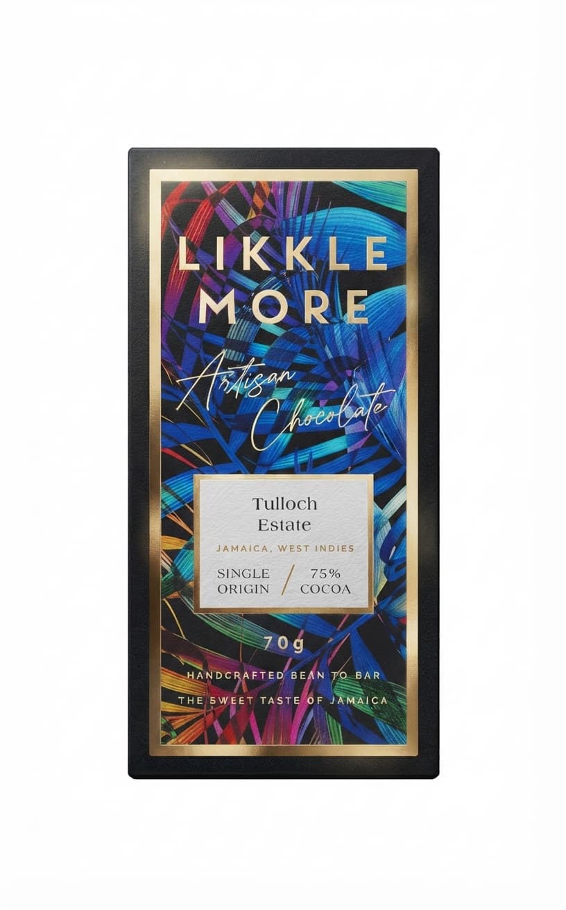 Tulloch Estate 75% 75% dark bar packaging by Likkle More