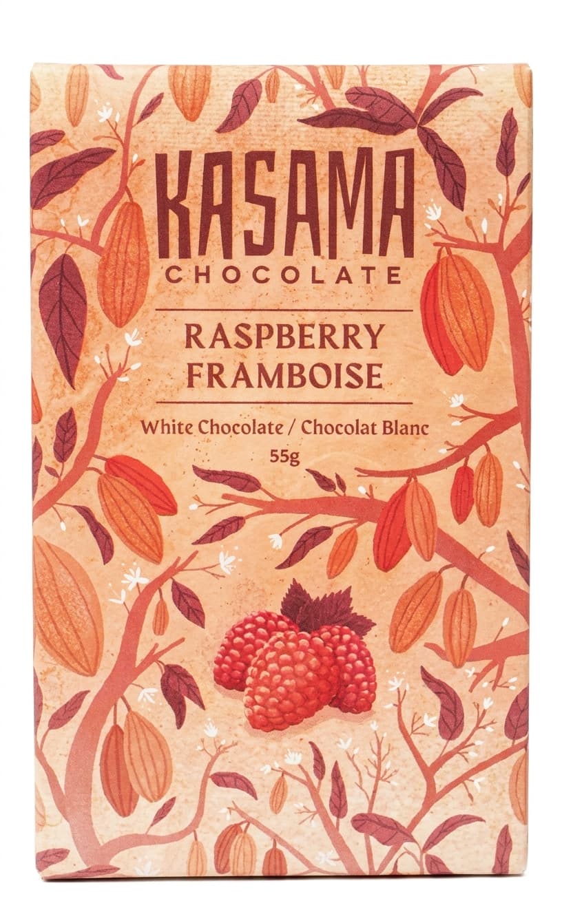 Raspberry null% white bar packaging by Kasama Chocolate