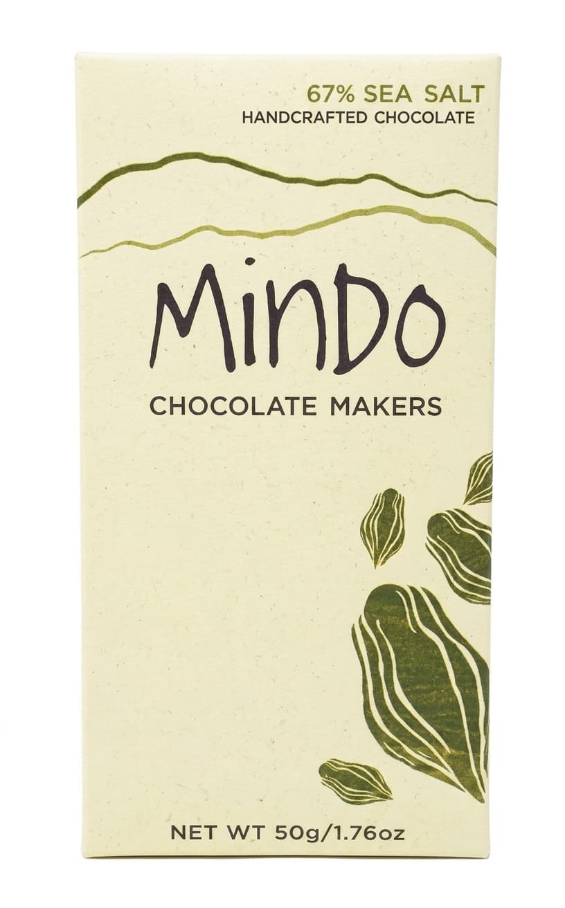 Sea Salt 67% 67% dark bar packaging by Mindo Chocolate