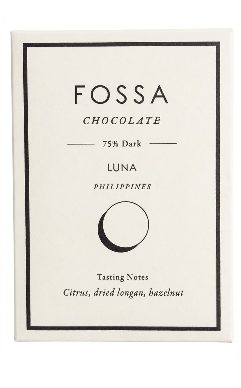 Luna 75% dark bar packaging by Fossa
