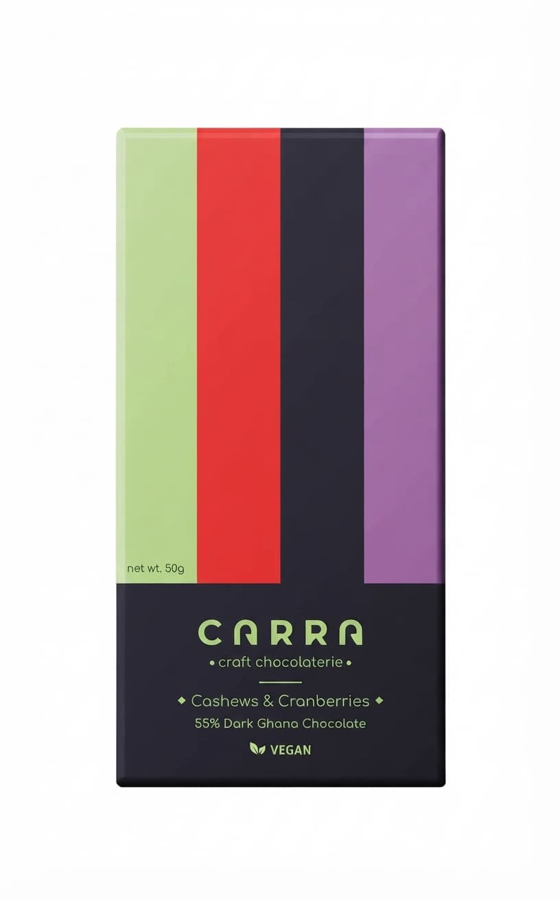 Cashews & Cranberries 55% 55% dark bar packaging by Carra