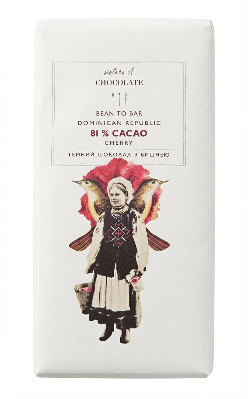 Cherry 81% 81% dark bar packaging by Sisters A