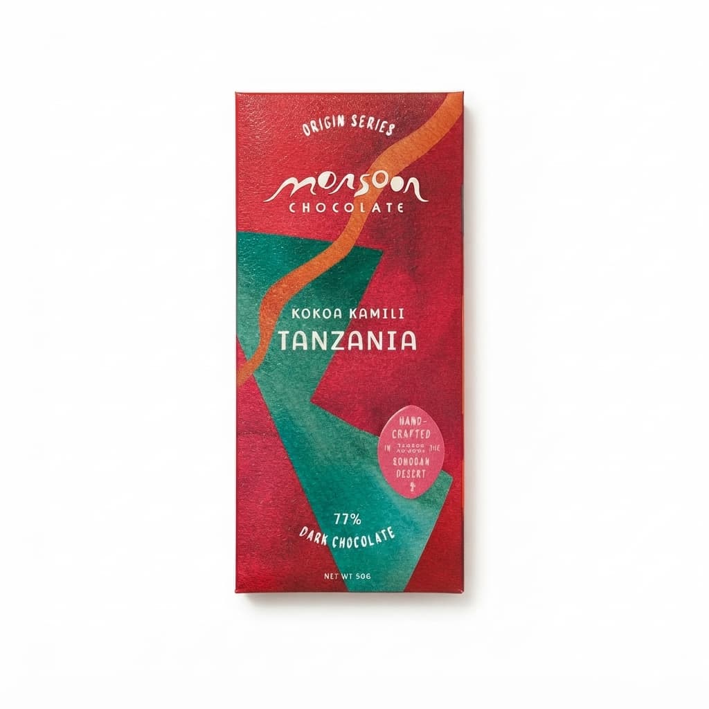Kokoa Kamili Tanzania 77% 77% dark bar packaging by Monsoon Chocolate