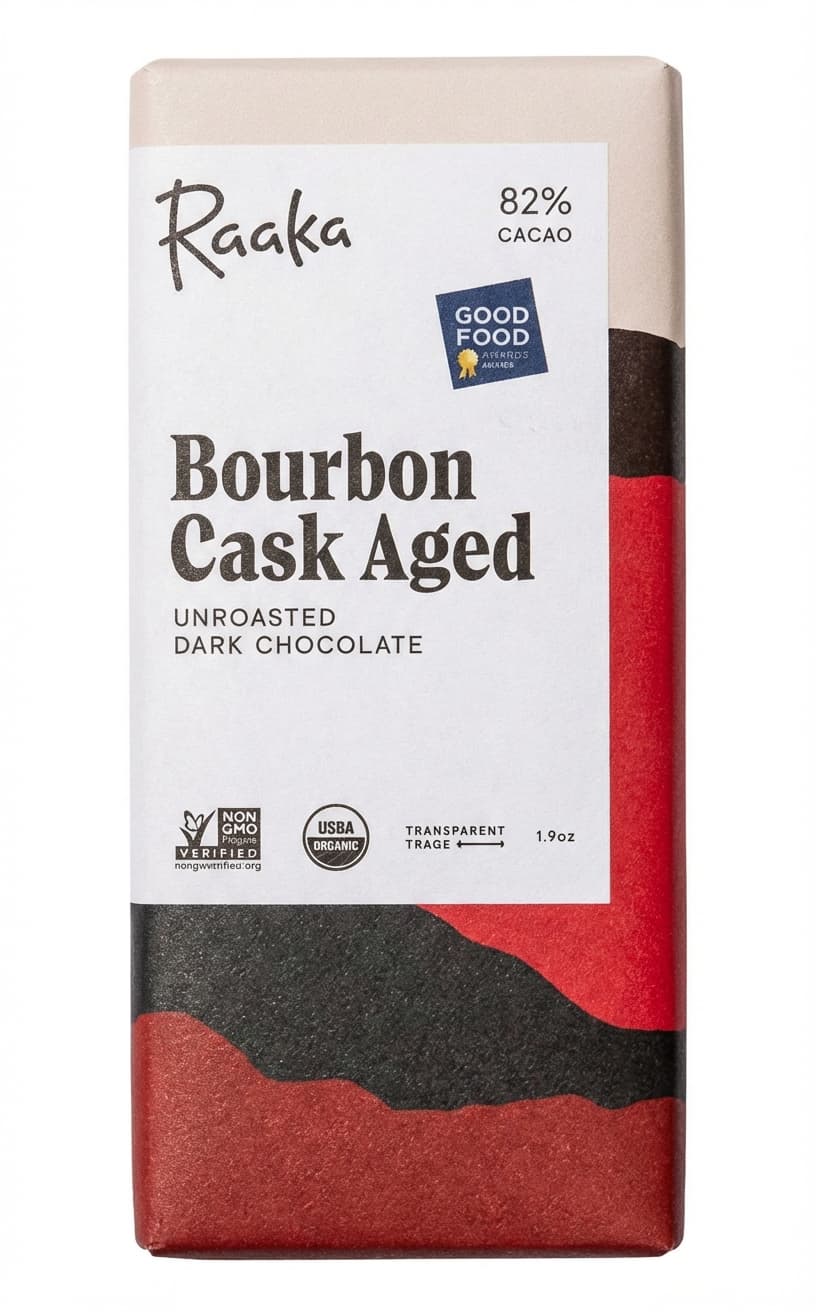 Bourbon Cask Aged 82% dark bar packaging by Raaka