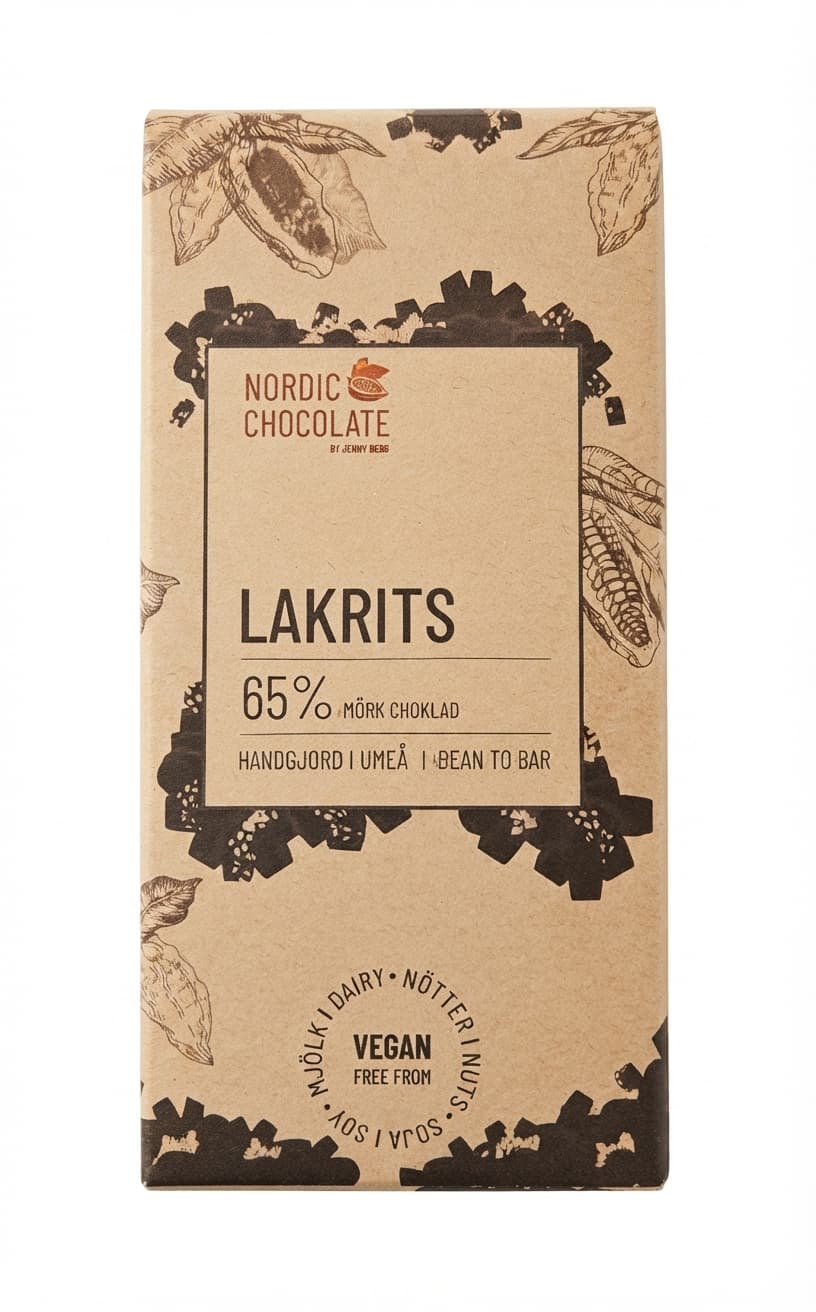 Lakrits 65%, Liquorice 65% dark bar packaging by Nordic Chocolate