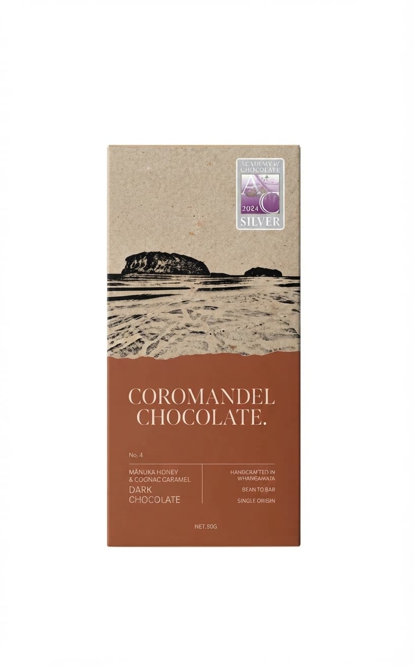 Mānuka Honey & Cognac Caramel 72% dark bar packaging by Coromandel Chocolate